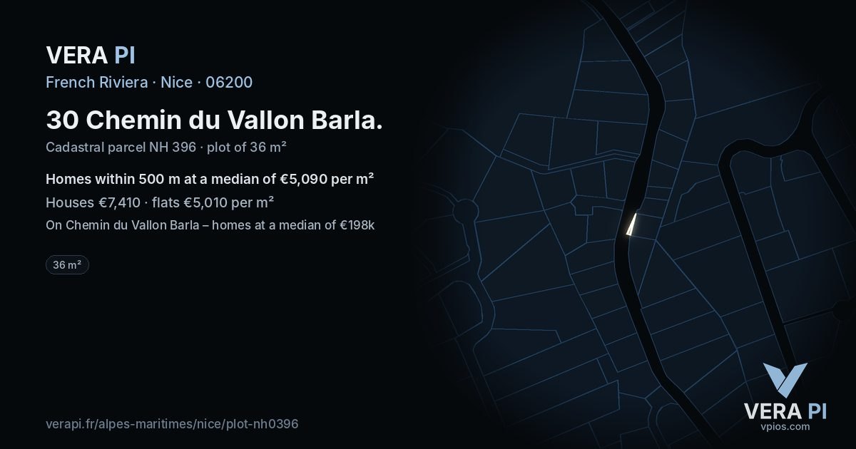 30 Chemin du Vallon Barla, Nice at night – the plot lit, the parcels around coloured by the prices near them