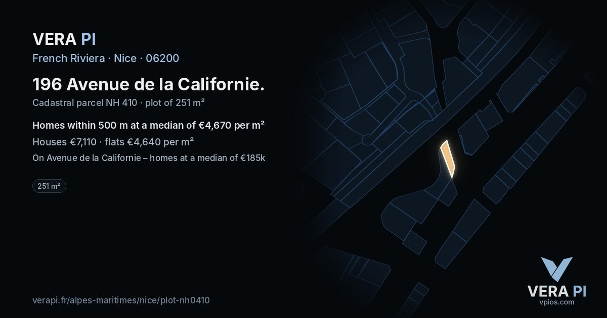 196 Avenue de la Californie, Nice at night – the plot lit, the parcels around coloured by the prices near them