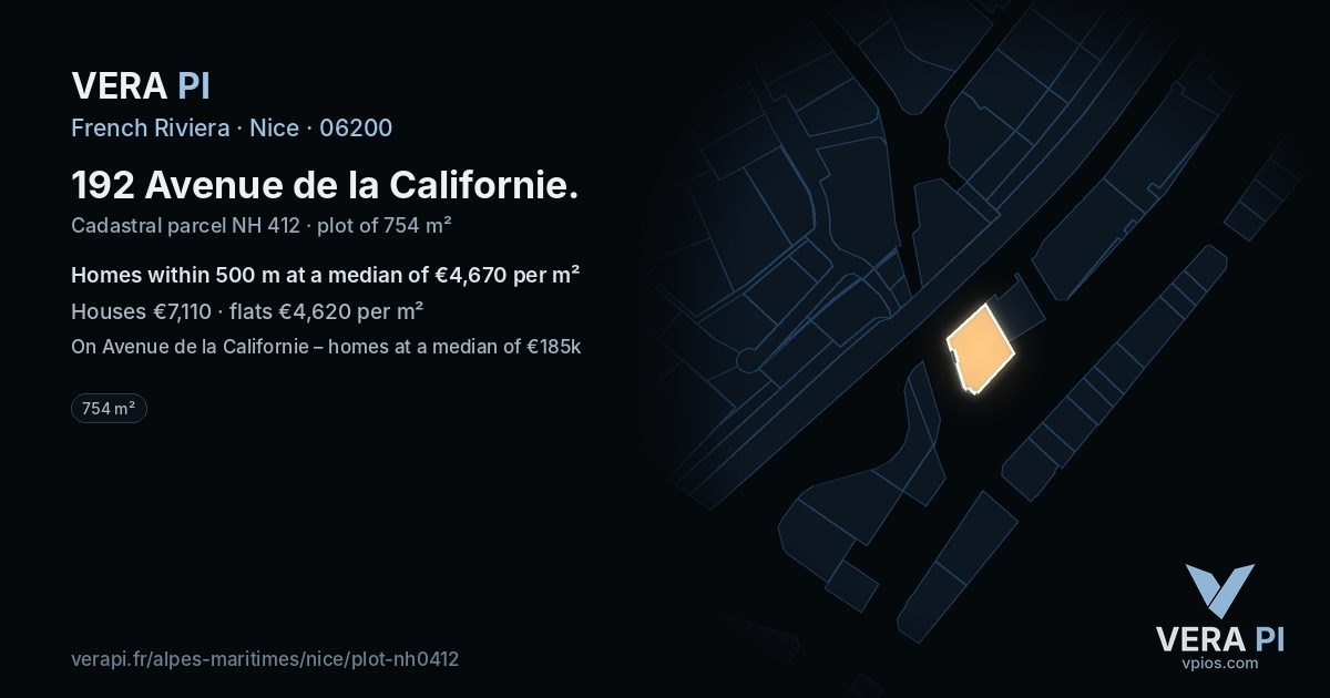 192 Avenue de la Californie, Nice at night – the plot lit, the parcels around coloured by the prices near them