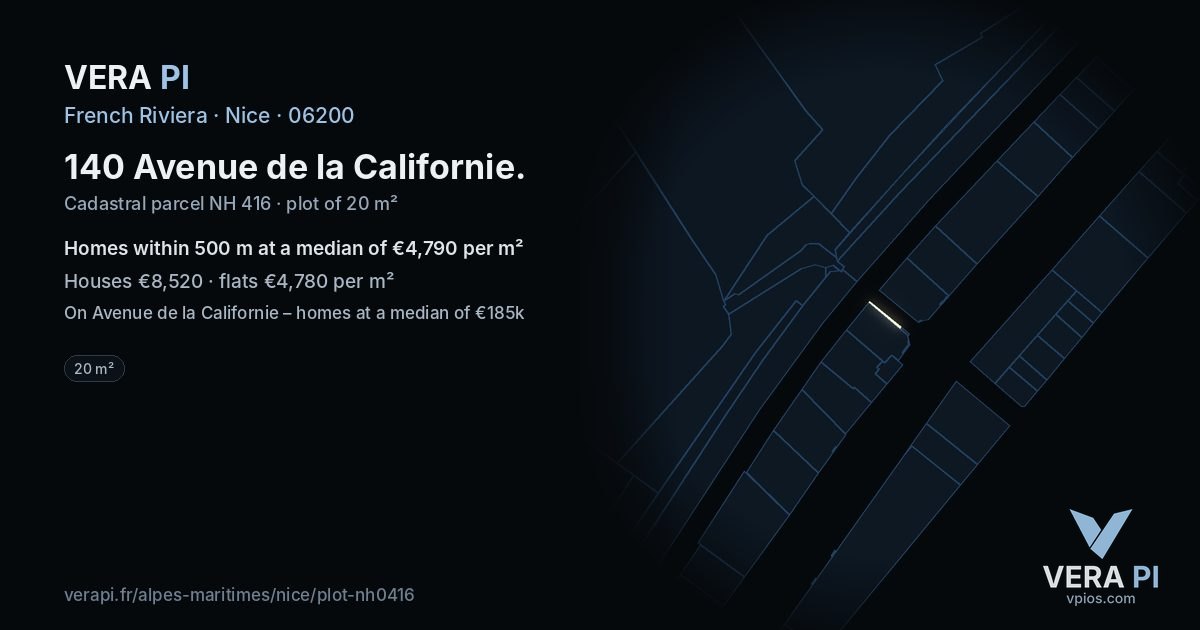 140 Avenue de la Californie, Nice at night – the plot lit, the parcels around coloured by the prices near them