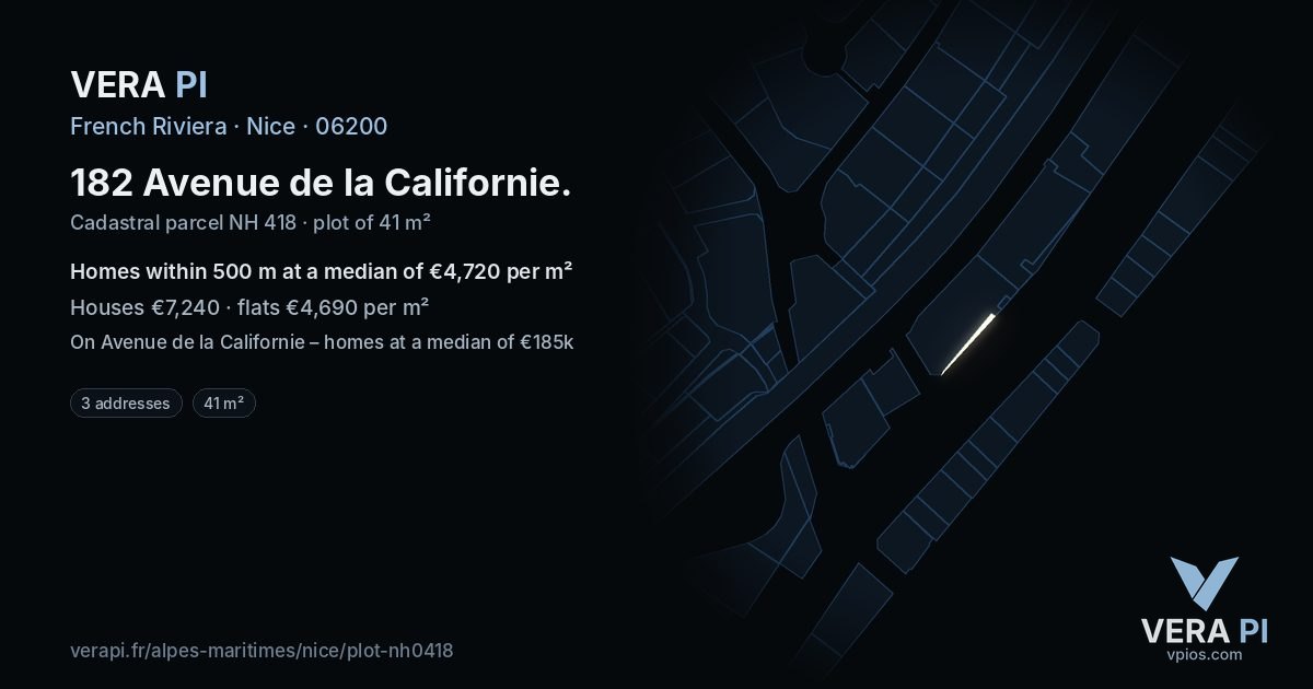 182 Avenue de la Californie, Nice at night – the plot lit, the parcels around coloured by the prices near them