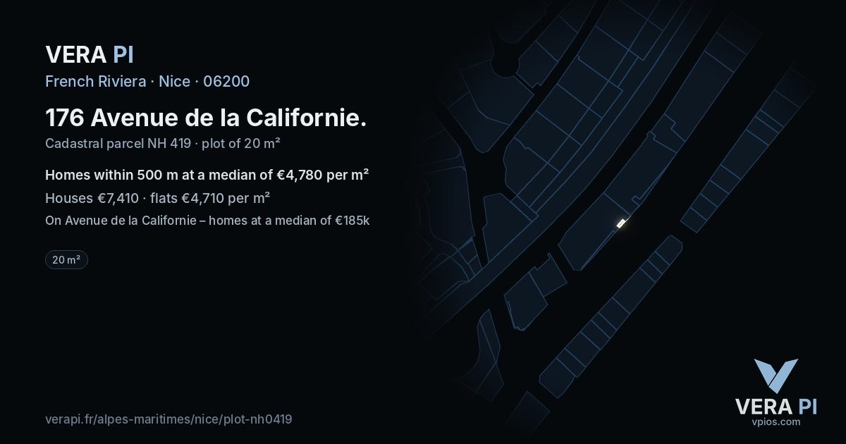 176 Avenue de la Californie, Nice at night – the plot lit, the parcels around coloured by the prices near them