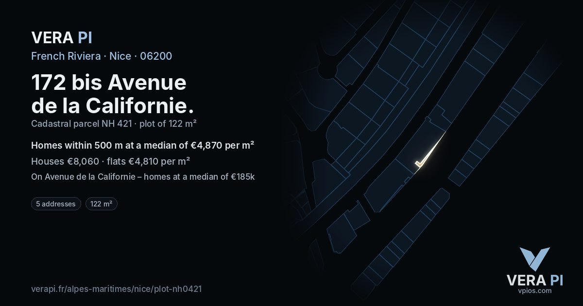 172 bis Avenue de la Californie, Nice at night – the plot lit, the parcels around coloured by the prices near them