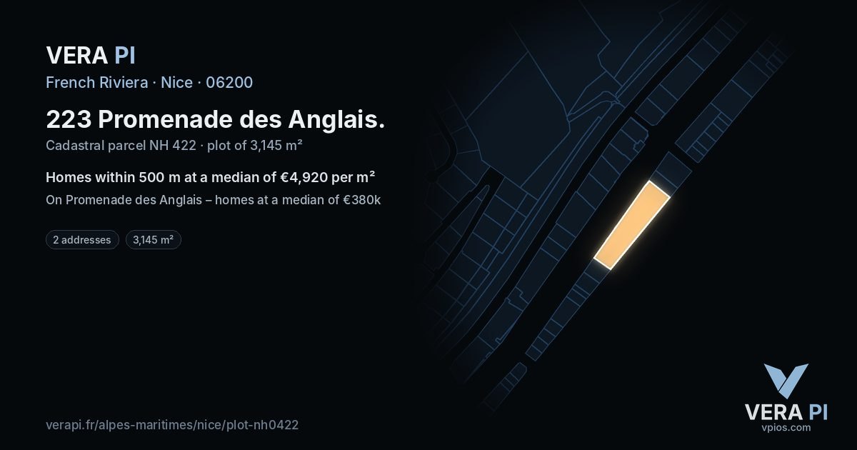 223 Promenade des Anglais, Nice at night – the plot lit, the parcels around coloured by the prices near them