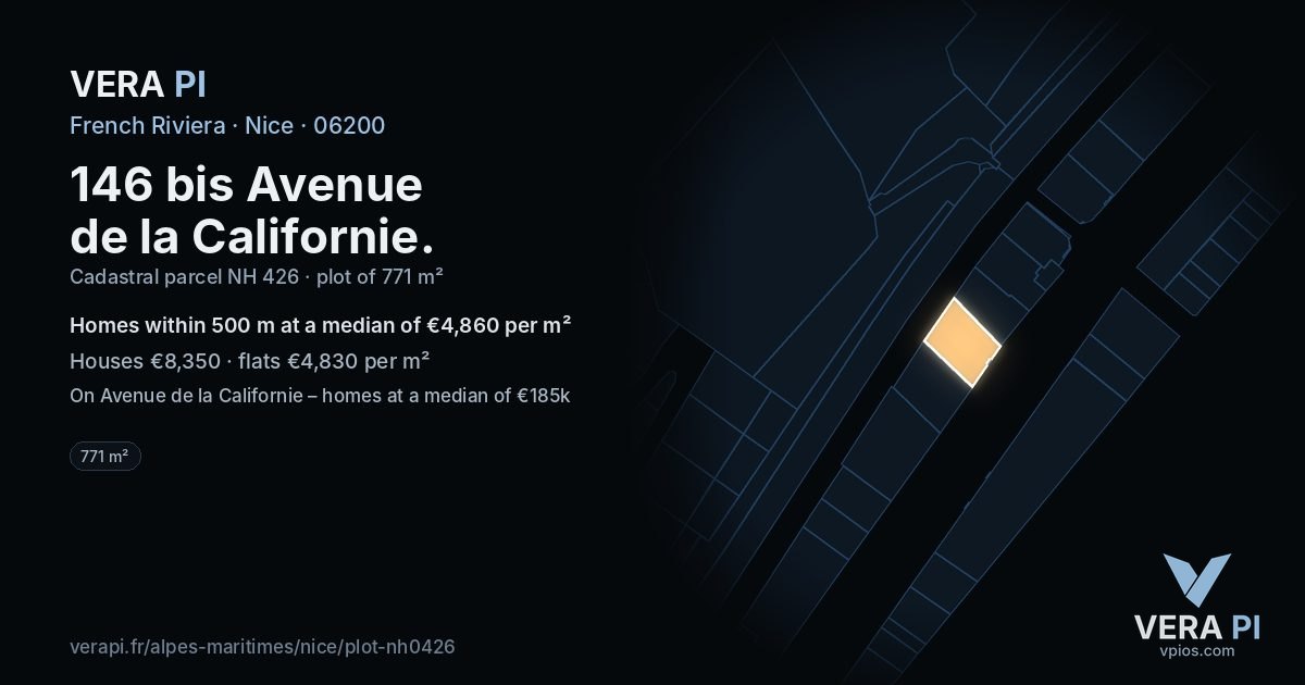 146 bis Avenue de la Californie, Nice at night – the plot lit, the parcels around coloured by the prices near them