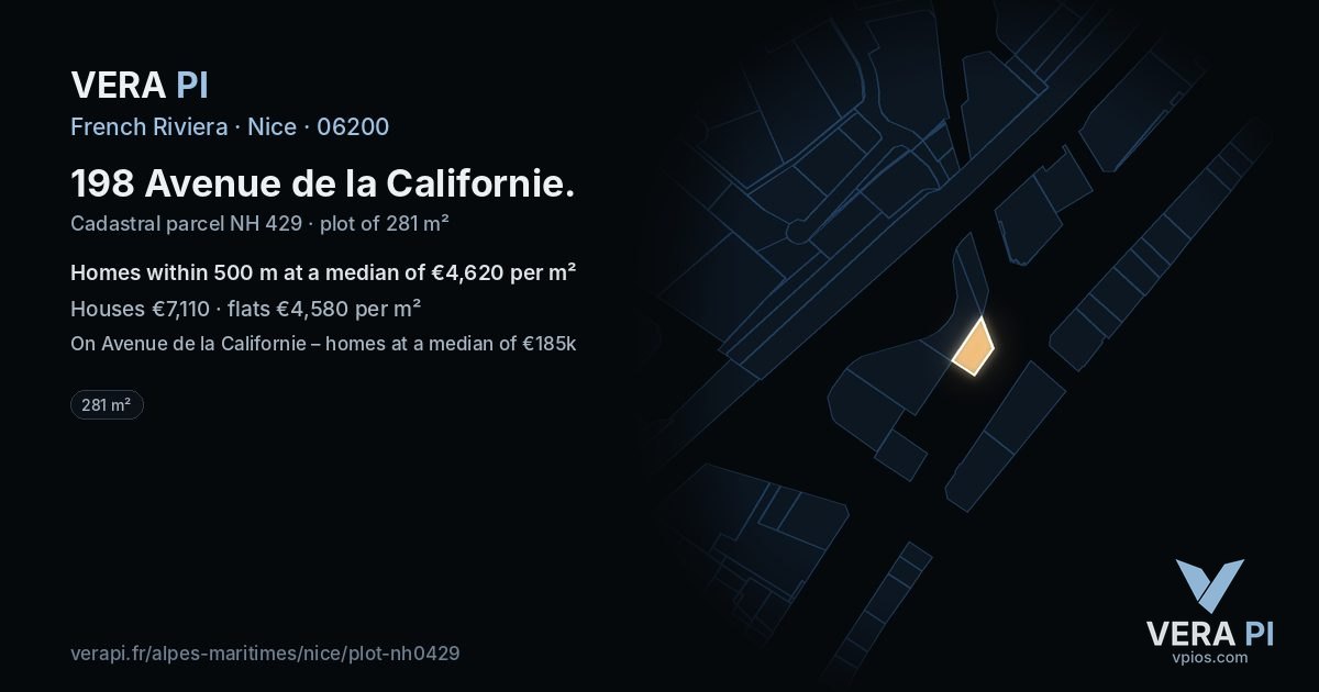 198 Avenue de la Californie, Nice at night – the plot lit, the parcels around coloured by the prices near them