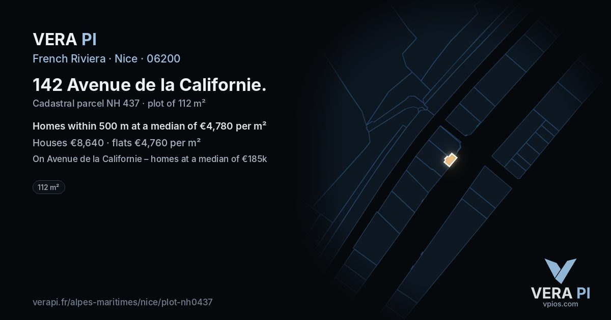 142 Avenue de la Californie, Nice at night – the plot lit, the parcels around coloured by the prices near them