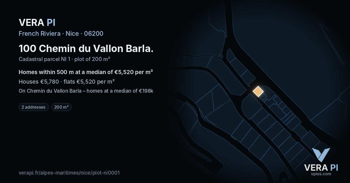 100 Chemin du Vallon Barla, Nice at night – the plot lit, the parcels around coloured by the prices near them