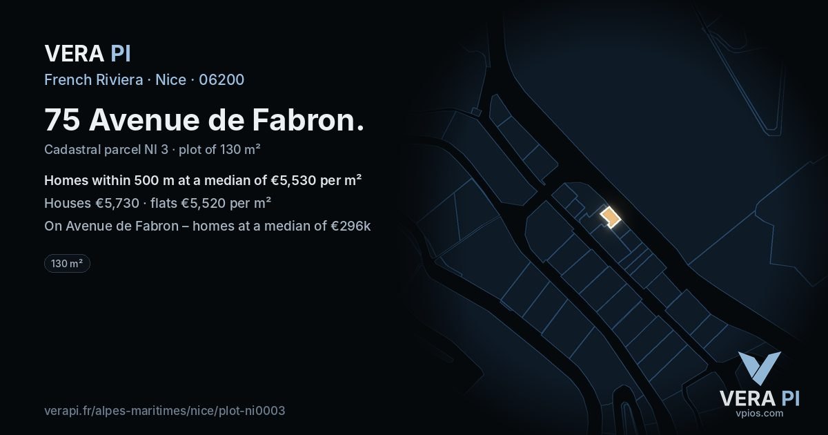 75 Avenue de Fabron, Nice at night – the plot lit, the parcels around coloured by the prices near them