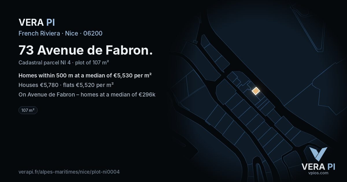 73 Avenue de Fabron, Nice at night – the plot lit, the parcels around coloured by the prices near them