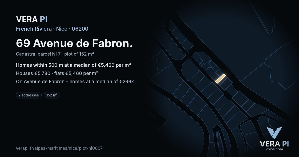 69 Avenue de Fabron, Nice at night – the plot lit, the parcels around coloured by the prices near them