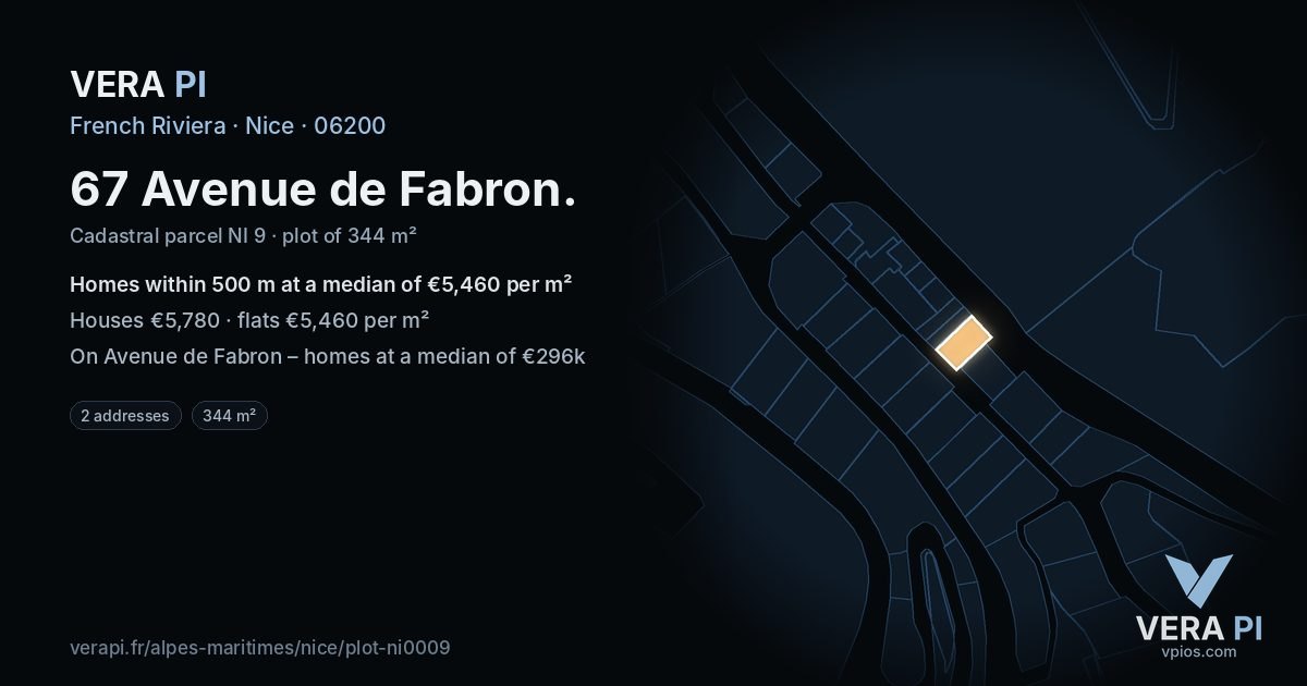 67 Avenue de Fabron, Nice at night – the plot lit, the parcels around coloured by the prices near them