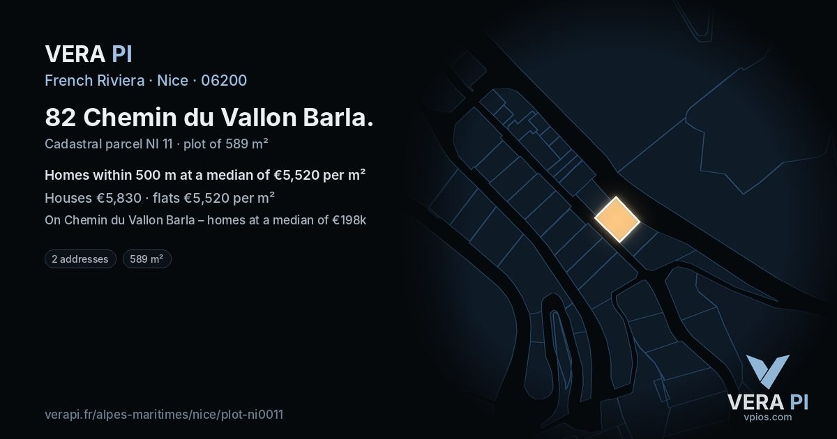 82 Chemin du Vallon Barla, Nice at night – the plot lit, the parcels around coloured by the prices near them