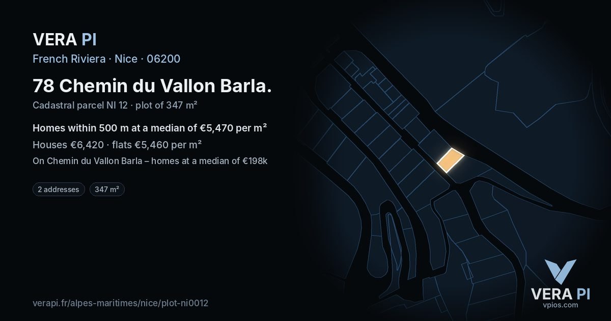 78 Chemin du Vallon Barla, Nice at night – the plot lit, the parcels around coloured by the prices near them