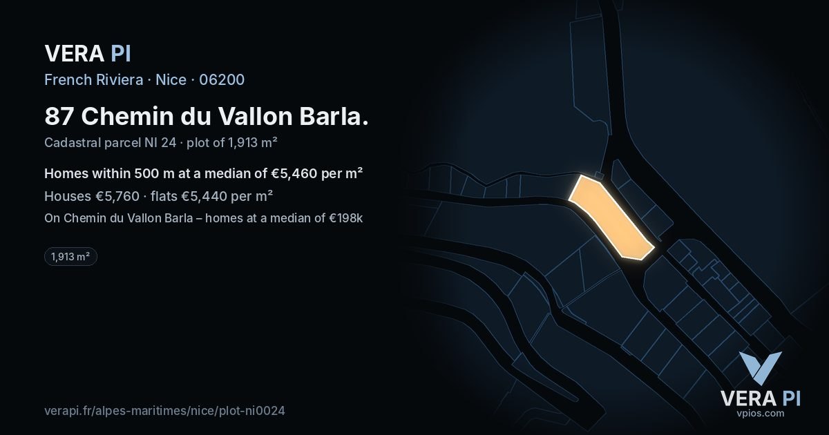 87 Chemin du Vallon Barla, Nice at night – the plot lit, the parcels around coloured by the prices near them
