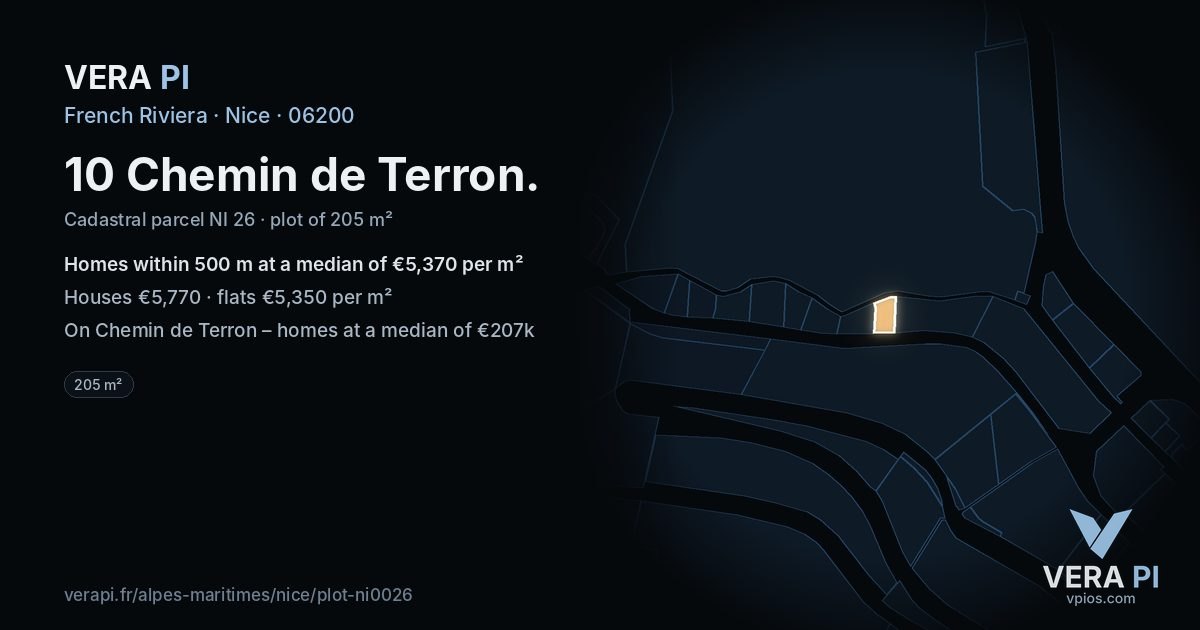 10 Chemin de Terron, Nice at night – the plot lit, the parcels around coloured by the prices near them
