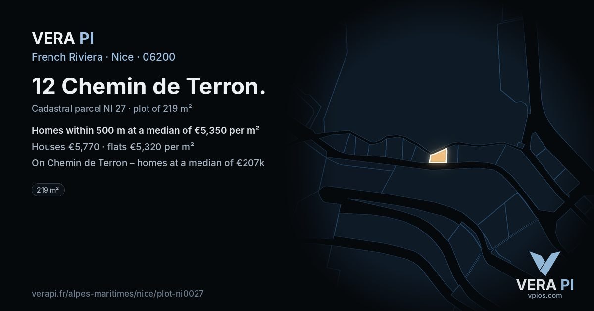12 Chemin de Terron, Nice at night – the plot lit, the parcels around coloured by the prices near them