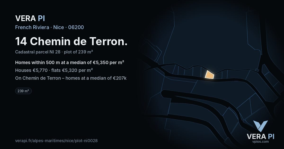 14 Chemin de Terron, Nice at night – the plot lit, the parcels around coloured by the prices near them