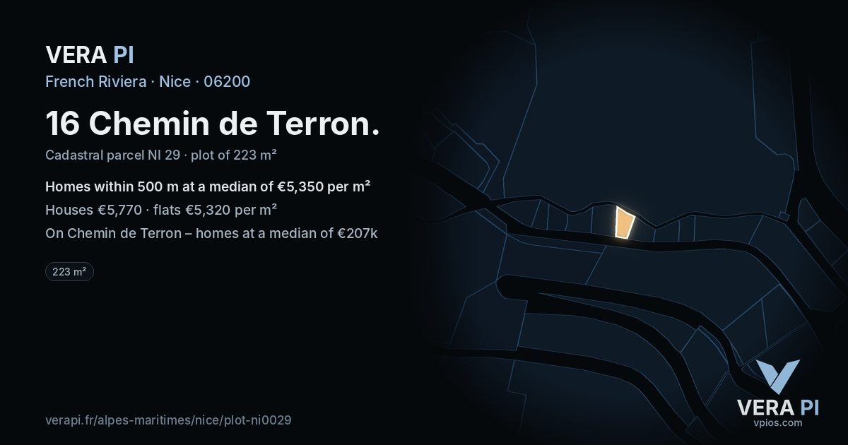 16 Chemin de Terron, Nice at night – the plot lit, the parcels around coloured by the prices near them
