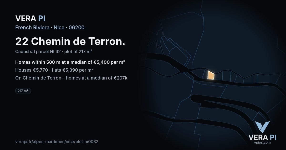 22 Chemin de Terron, Nice at night – the plot lit, the parcels around coloured by the prices near them