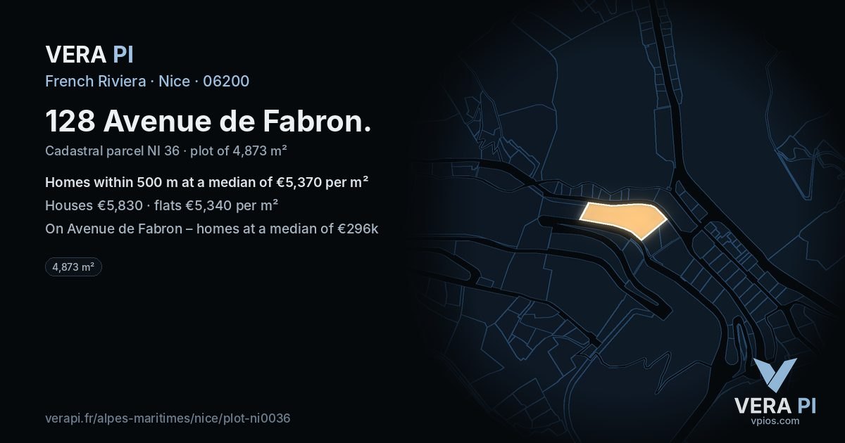 128 Avenue de Fabron, Nice at night – the plot lit, the parcels around coloured by the prices near them
