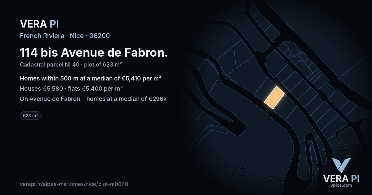 114 bis Avenue de Fabron, Nice at night – the plot lit, the parcels around coloured by the prices near them