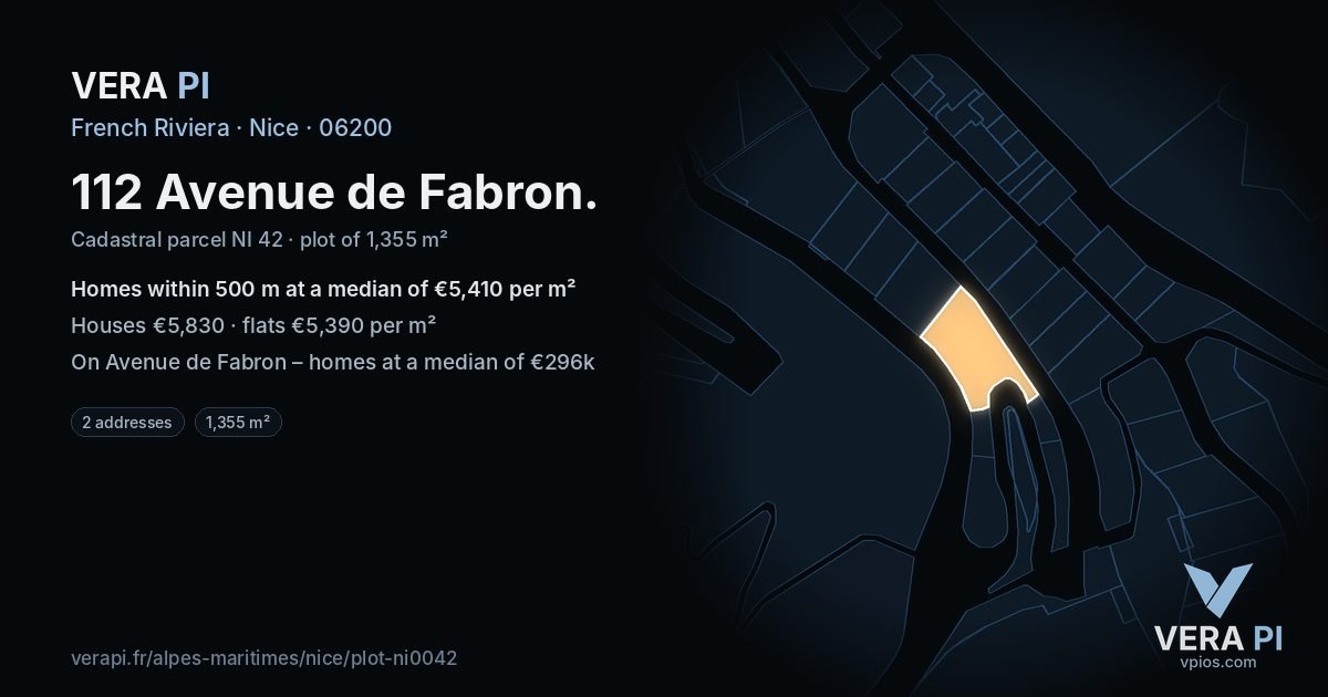 112 Avenue de Fabron, Nice at night – the plot lit, the parcels around coloured by the prices near them