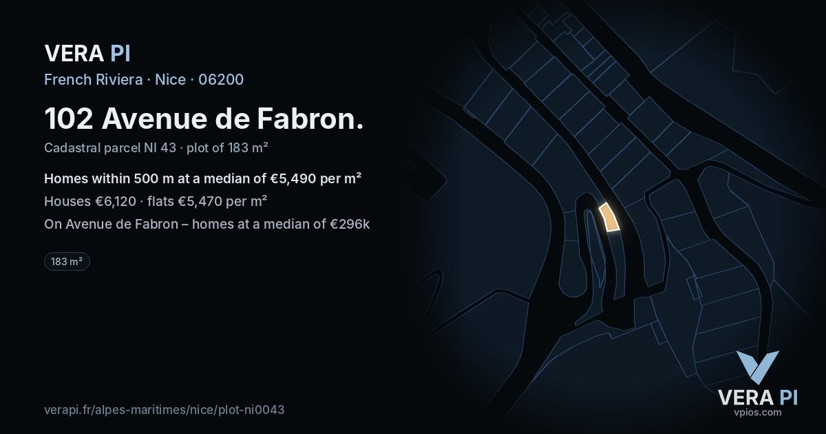 102 Avenue de Fabron, Nice at night – the plot lit, the parcels around coloured by the prices near them