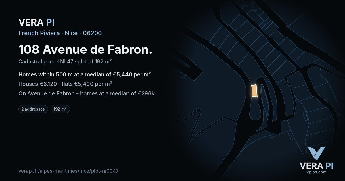 108 Avenue de Fabron, Nice at night – the plot lit, the parcels around coloured by the prices near them