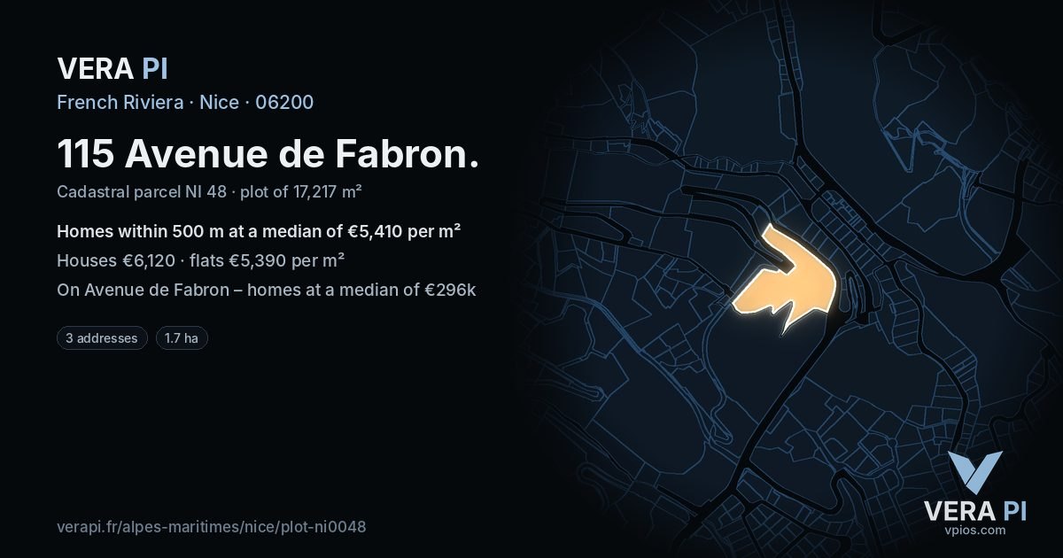 115 Avenue de Fabron, Nice at night – the plot lit, the parcels around coloured by the prices near them