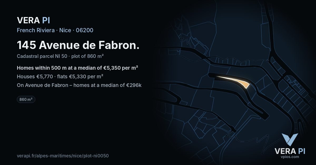 145 Avenue de Fabron, Nice at night – the plot lit, the parcels around coloured by the prices near them
