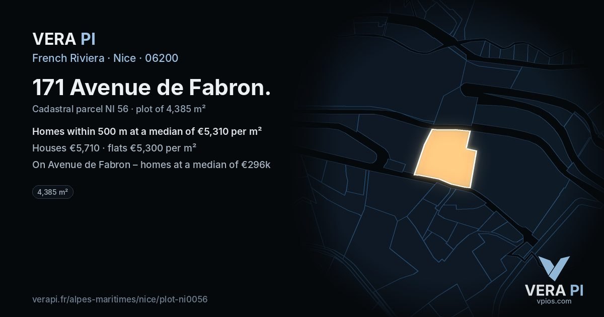 171 Avenue de Fabron, Nice at night – the plot lit, the parcels around coloured by the prices near them
