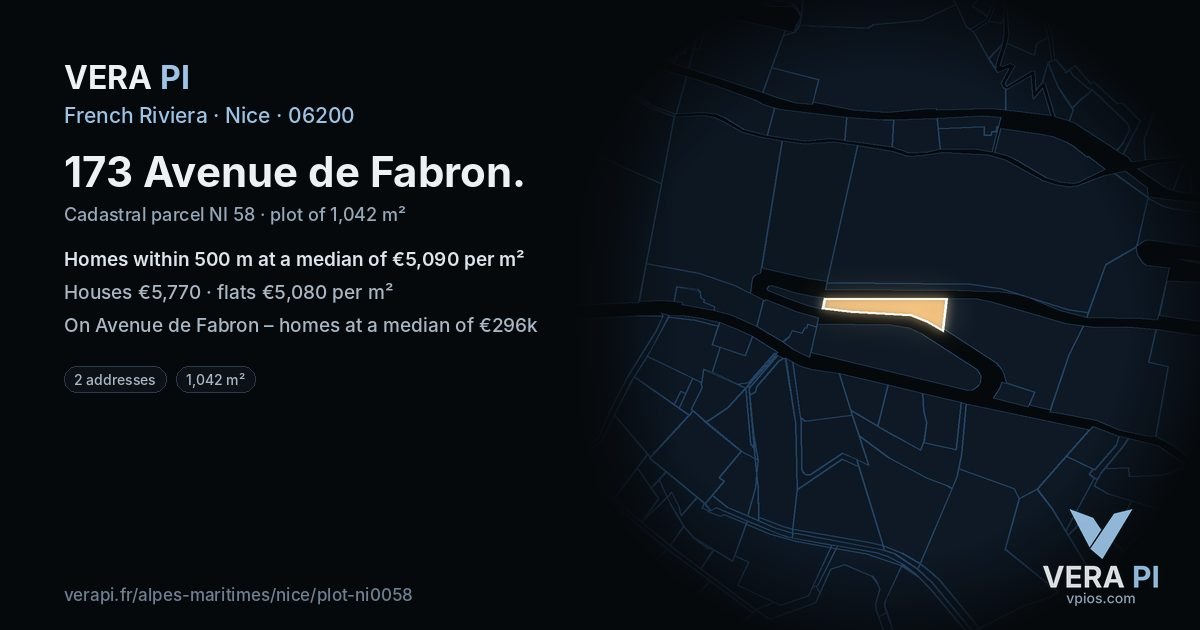 173 Avenue de Fabron, Nice at night – the plot lit, the parcels around coloured by the prices near them