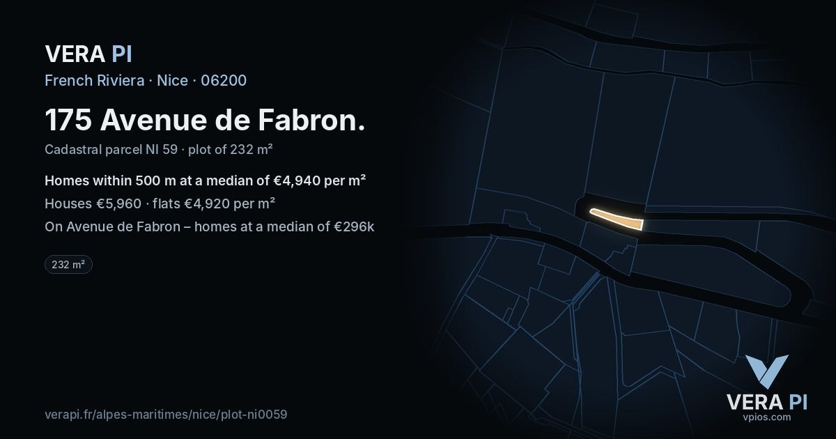 175 Avenue de Fabron, Nice at night – the plot lit, the parcels around coloured by the prices near them