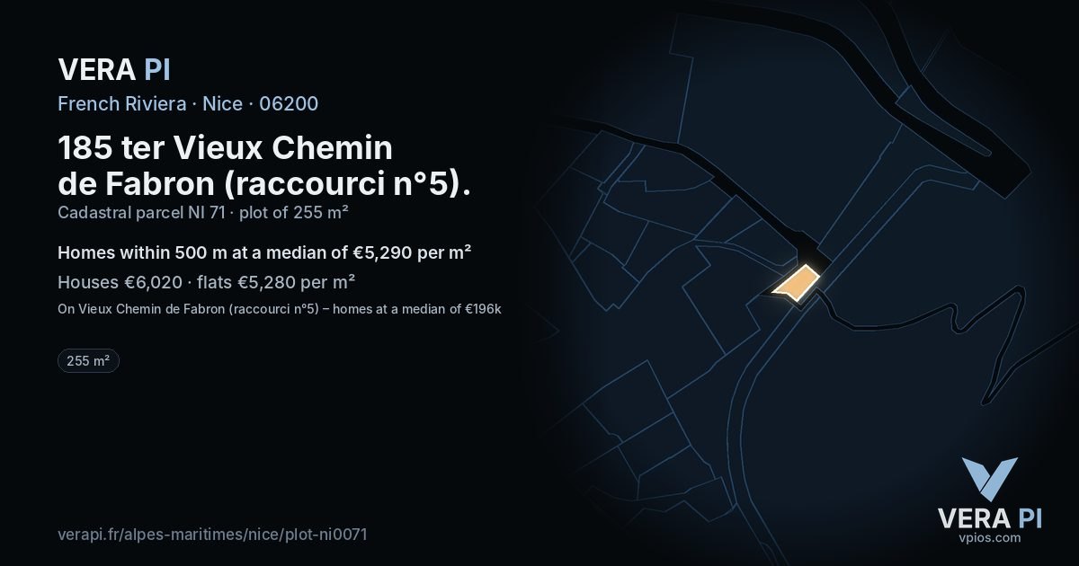 185 ter Vieux Chemin de Fabron (raccourci n°5), Nice at night – the plot lit, the parcels around coloured by the prices near them