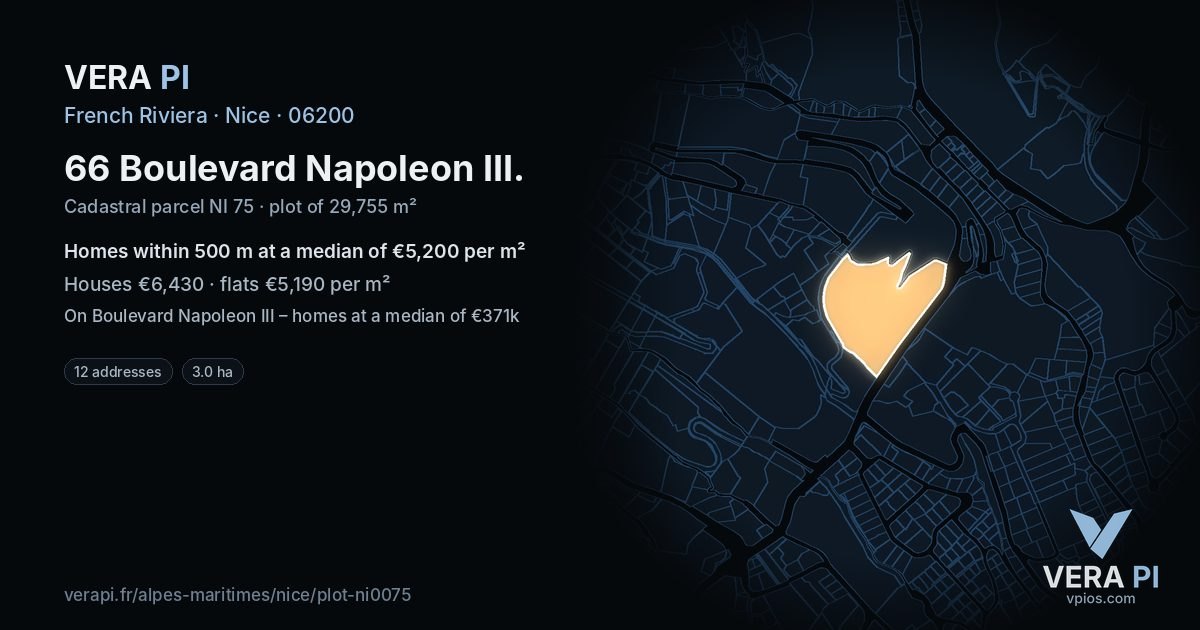 66 Boulevard Napoleon III, Nice at night – the plot lit, the parcels around coloured by the prices near them