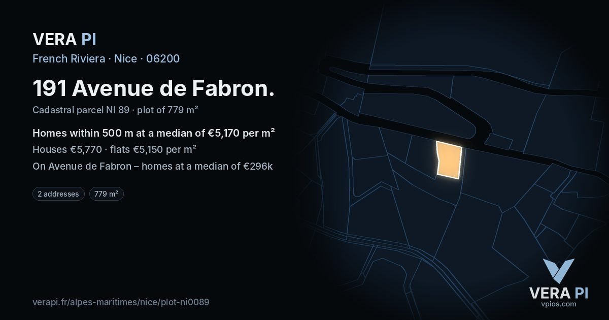 191 Avenue de Fabron, Nice at night – the plot lit, the parcels around coloured by the prices near them
