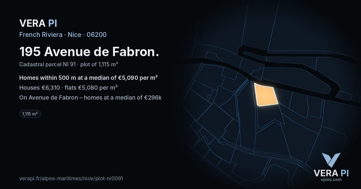 195 Avenue de Fabron, Nice at night – the plot lit, the parcels around coloured by the prices near them
