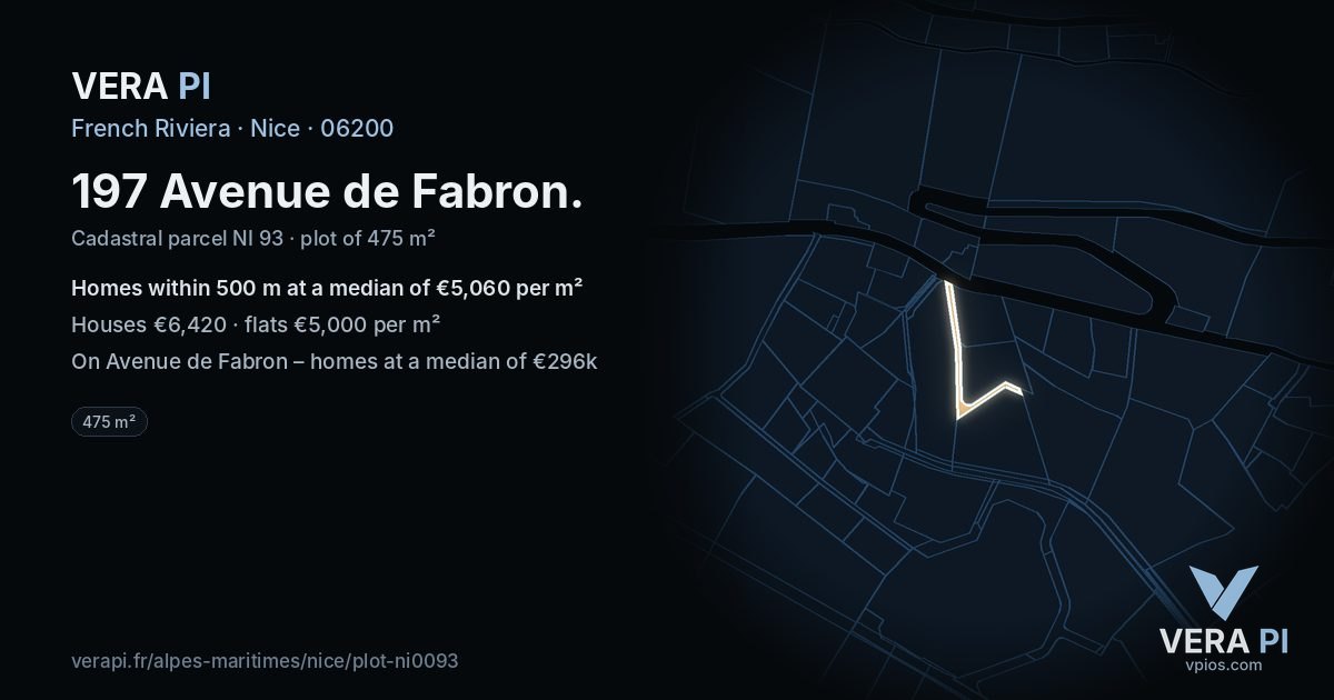 197 Avenue de Fabron, Nice at night – the plot lit, the parcels around coloured by the prices near them