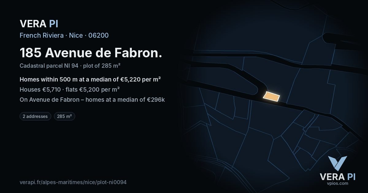 185 Avenue de Fabron, Nice at night – the plot lit, the parcels around coloured by the prices near them