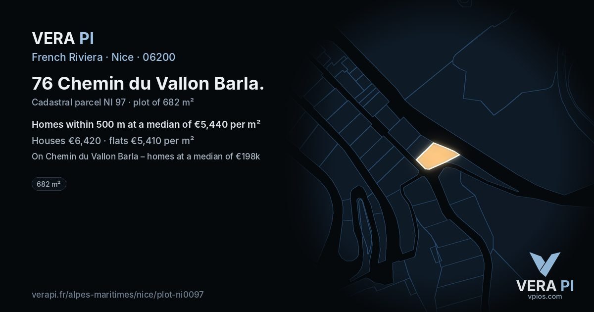 76 Chemin du Vallon Barla, Nice at night – the plot lit, the parcels around coloured by the prices near them