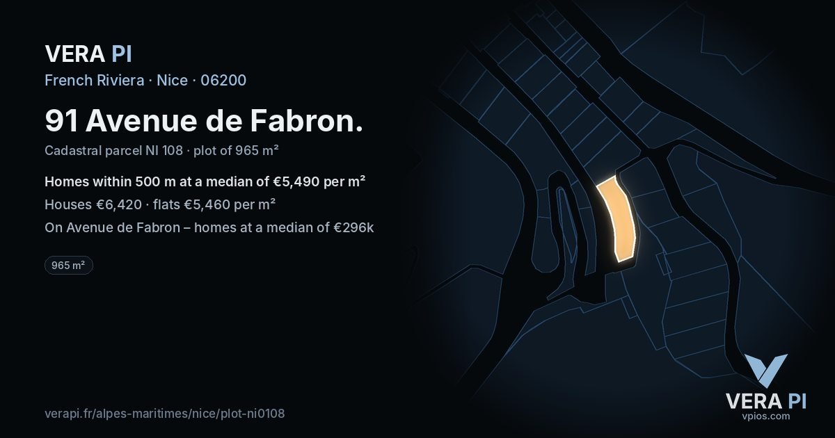 91 Avenue de Fabron, Nice at night – the plot lit, the parcels around coloured by the prices near them