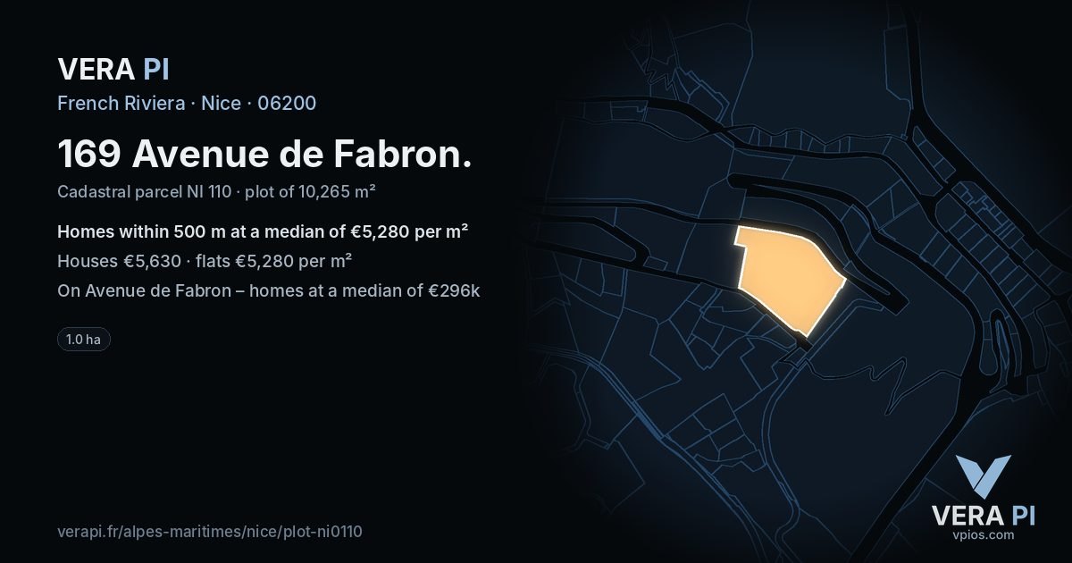 169 Avenue de Fabron, Nice at night – the plot lit, the parcels around coloured by the prices near them