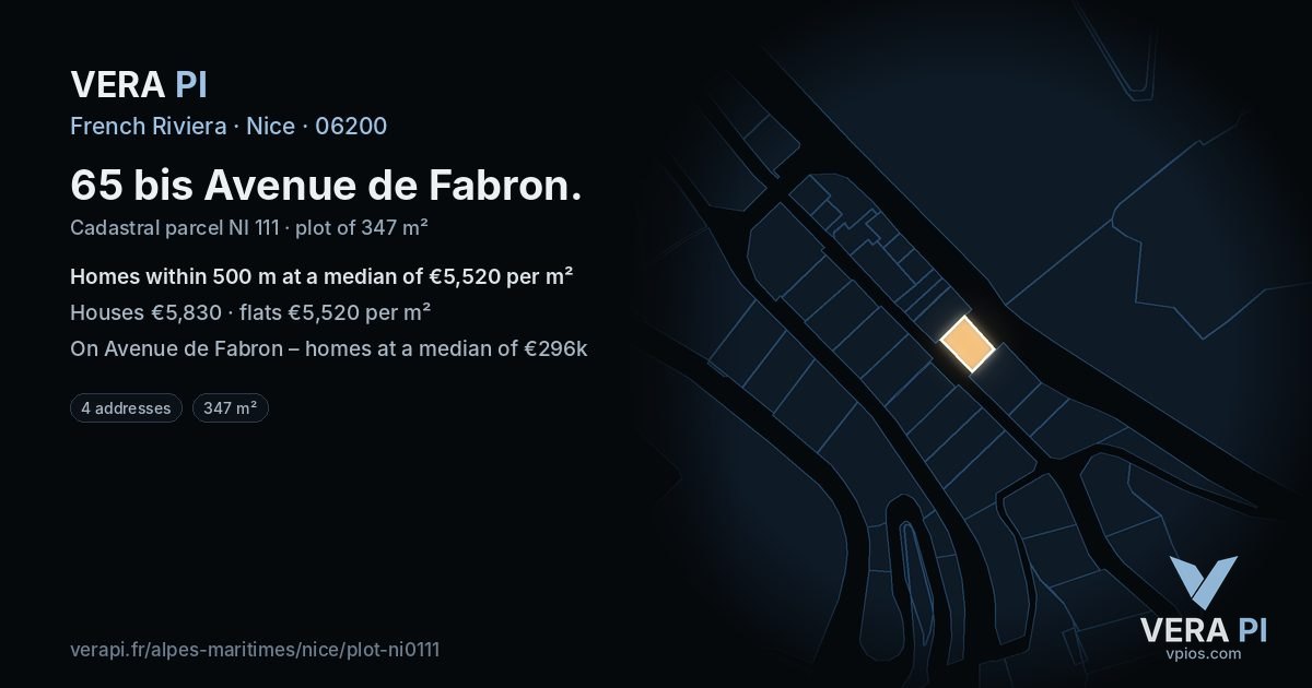 65 bis Avenue de Fabron, Nice at night – the plot lit, the parcels around coloured by the prices near them