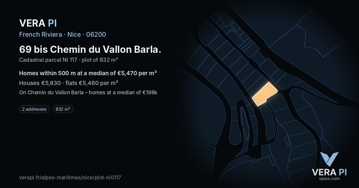 69 bis Chemin du Vallon Barla, Nice at night – the plot lit, the parcels around coloured by the prices near them