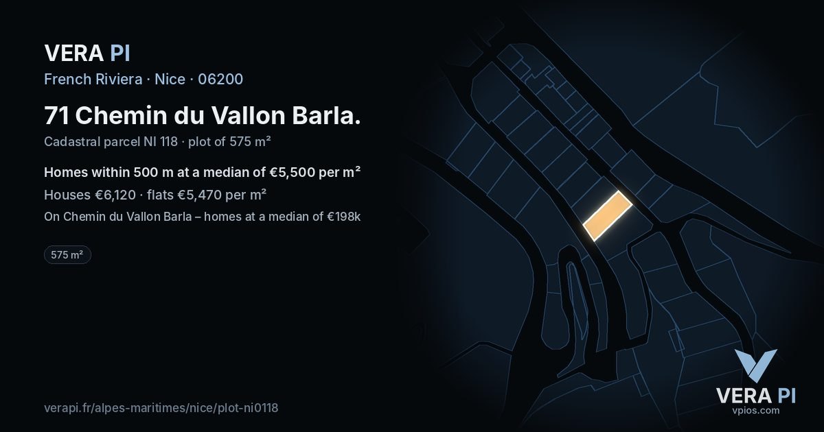 71 Chemin du Vallon Barla, Nice at night – the plot lit, the parcels around coloured by the prices near them
