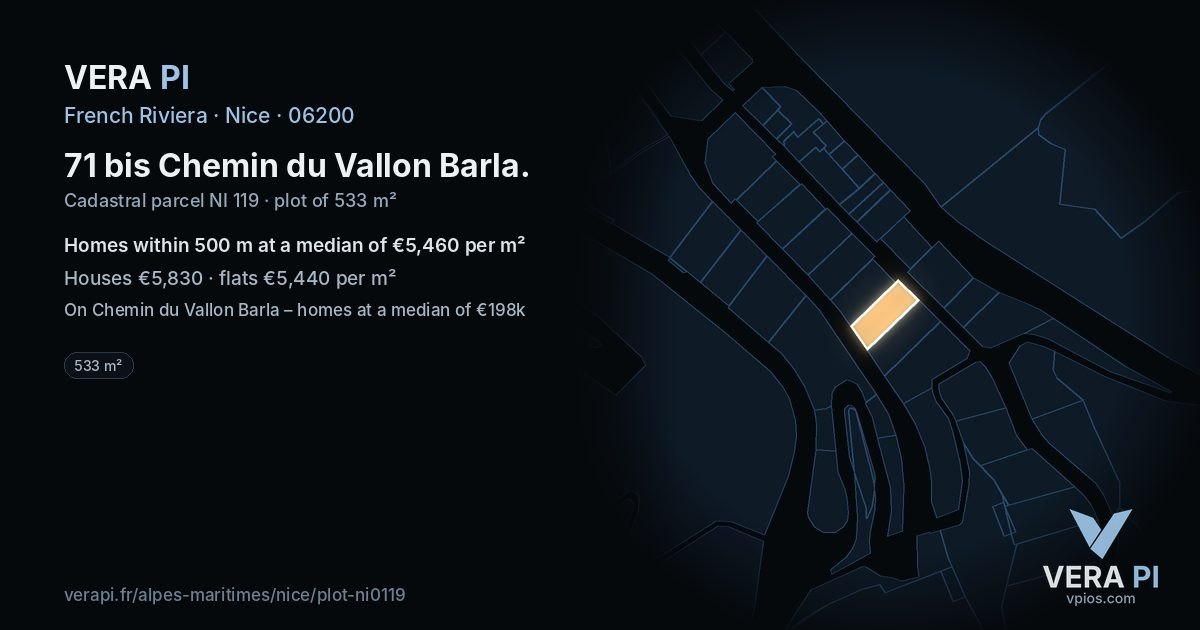 71 bis Chemin du Vallon Barla, Nice at night – the plot lit, the parcels around coloured by the prices near them