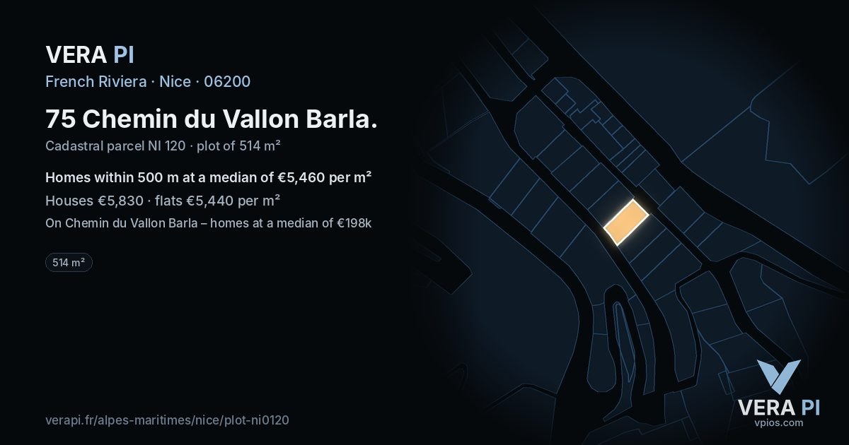 75 Chemin du Vallon Barla, Nice at night – the plot lit, the parcels around coloured by the prices near them