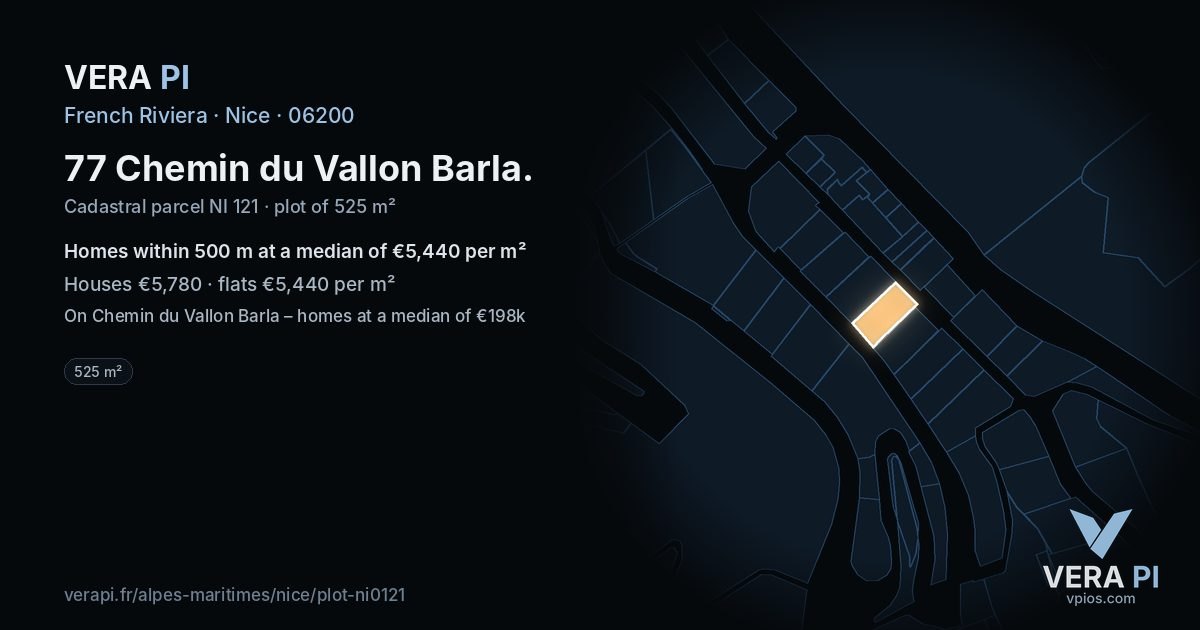 77 Chemin du Vallon Barla, Nice at night – the plot lit, the parcels around coloured by the prices near them