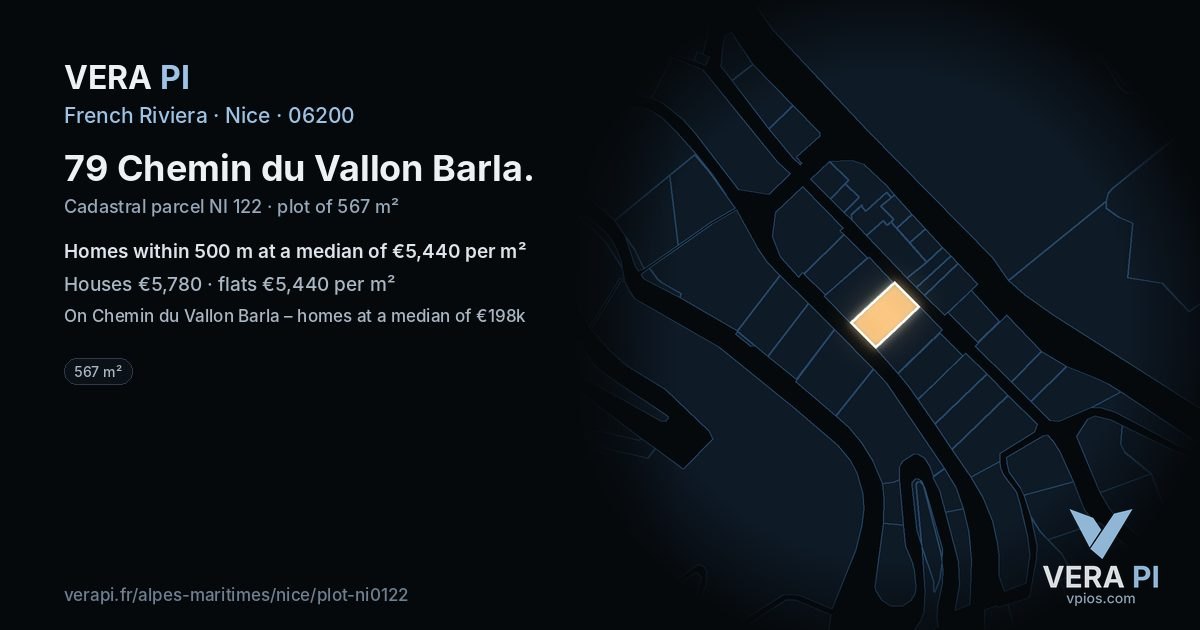 79 Chemin du Vallon Barla, Nice at night – the plot lit, the parcels around coloured by the prices near them